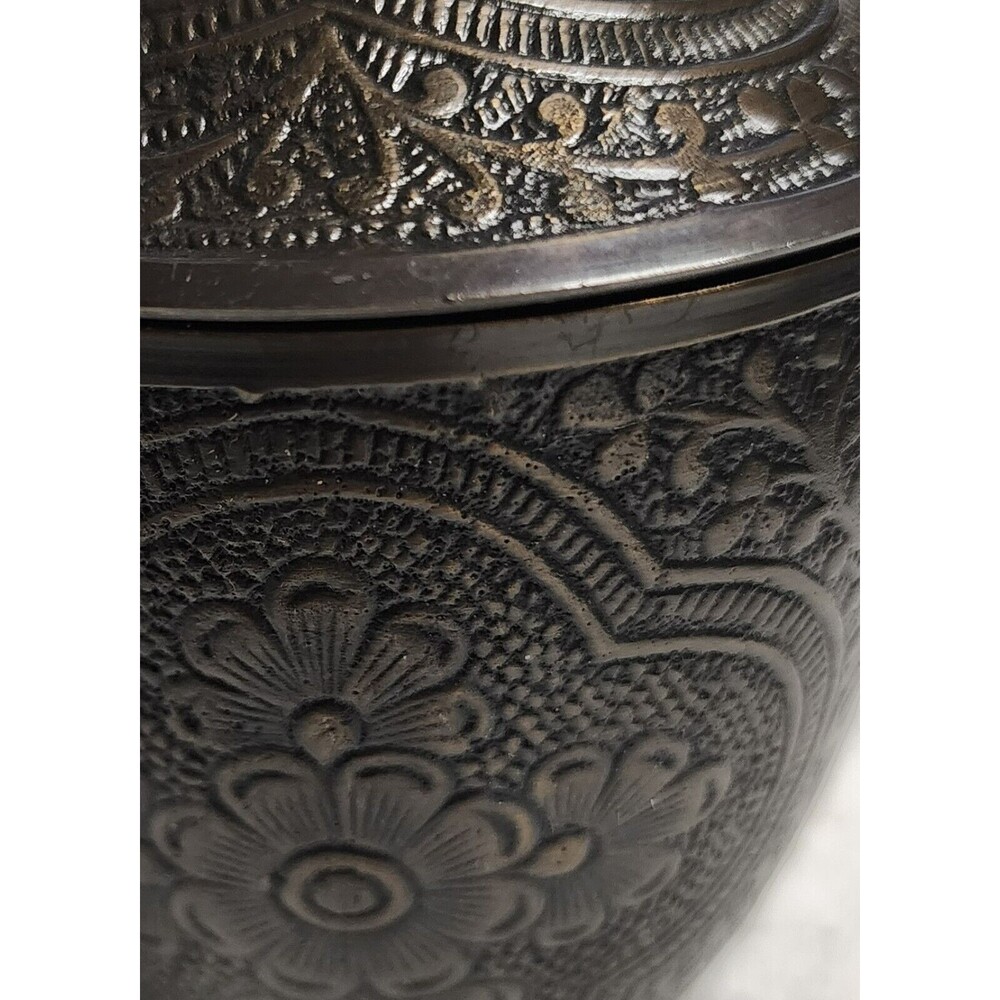 BEAUTIFUL Vintage 3pc BRONZE AntiqueBrass ETCHED 5"TrinketBox Lid 4"Saucer INDIA - Picture 4 of 16